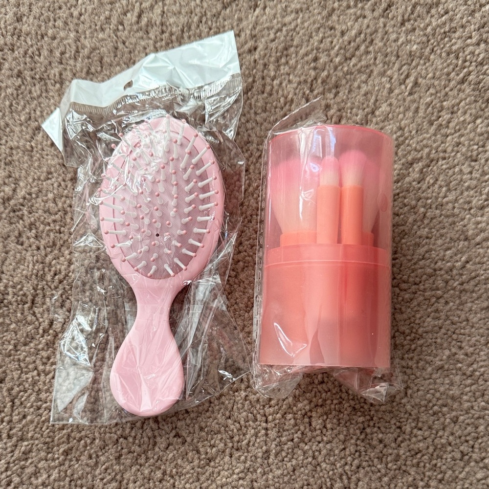 Pink Travel Hairbrush and Makeup Brush Set